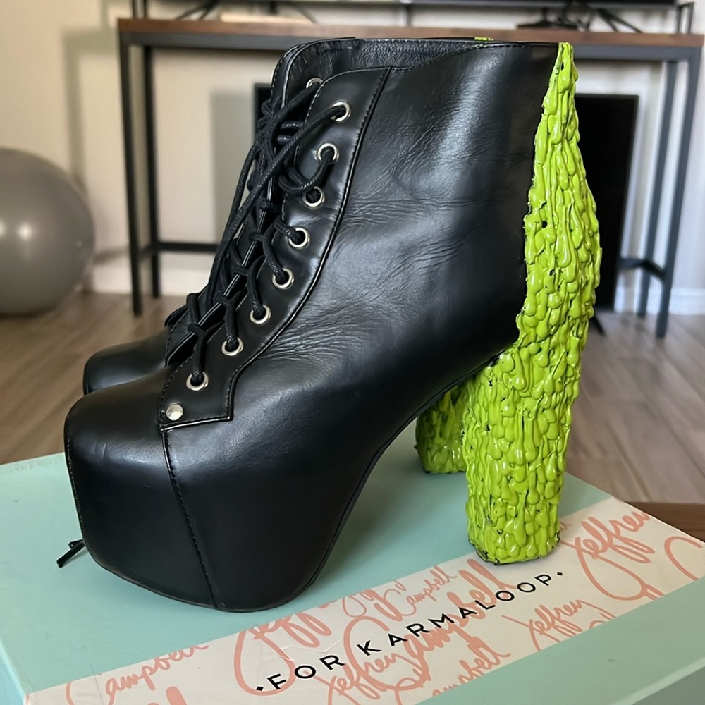 Jeffrey Campbell Black and Neon Green Heeled Boots